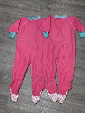 New 2 Vintage Gerber Fleece Blanket Sleepers Size 3T Pink & Teal Footed